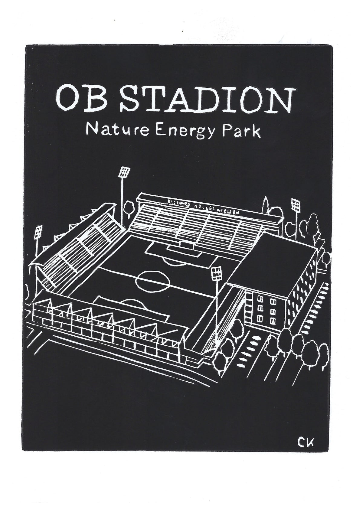 OB Stadion som håndlavet linoleumstryk i – håndlavet linoleumstryk i A4 fra Celinas Linoleumstryk