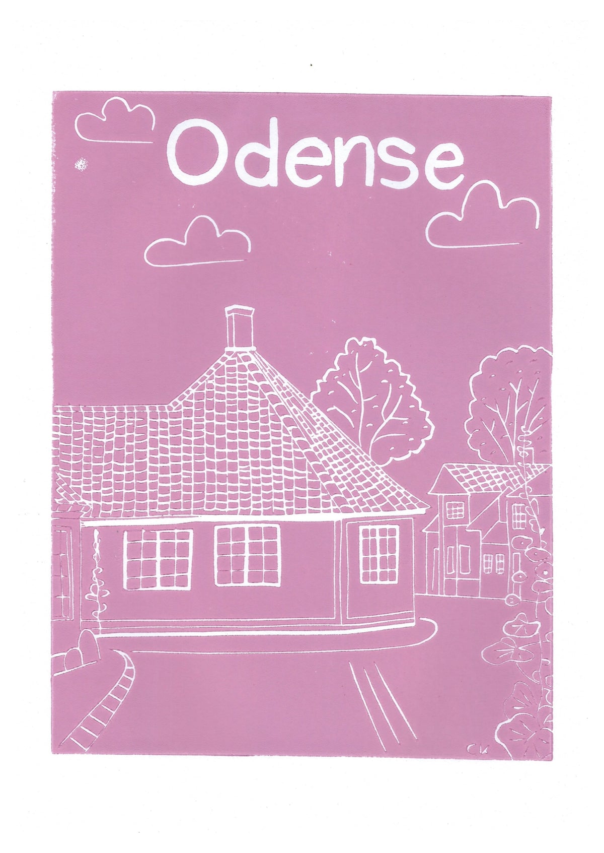 Odense H.C. Andersens Hus – håndlavet linoleumstryk i A4 fra Celinas Linoleumstryk