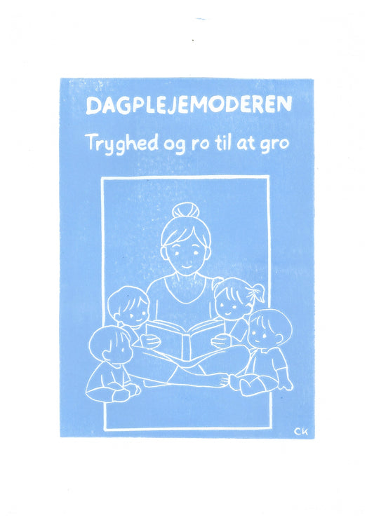 Dagplejemoderen – håndlavet linoleumstryk i A4 fra Celinas Linoleumstryk
