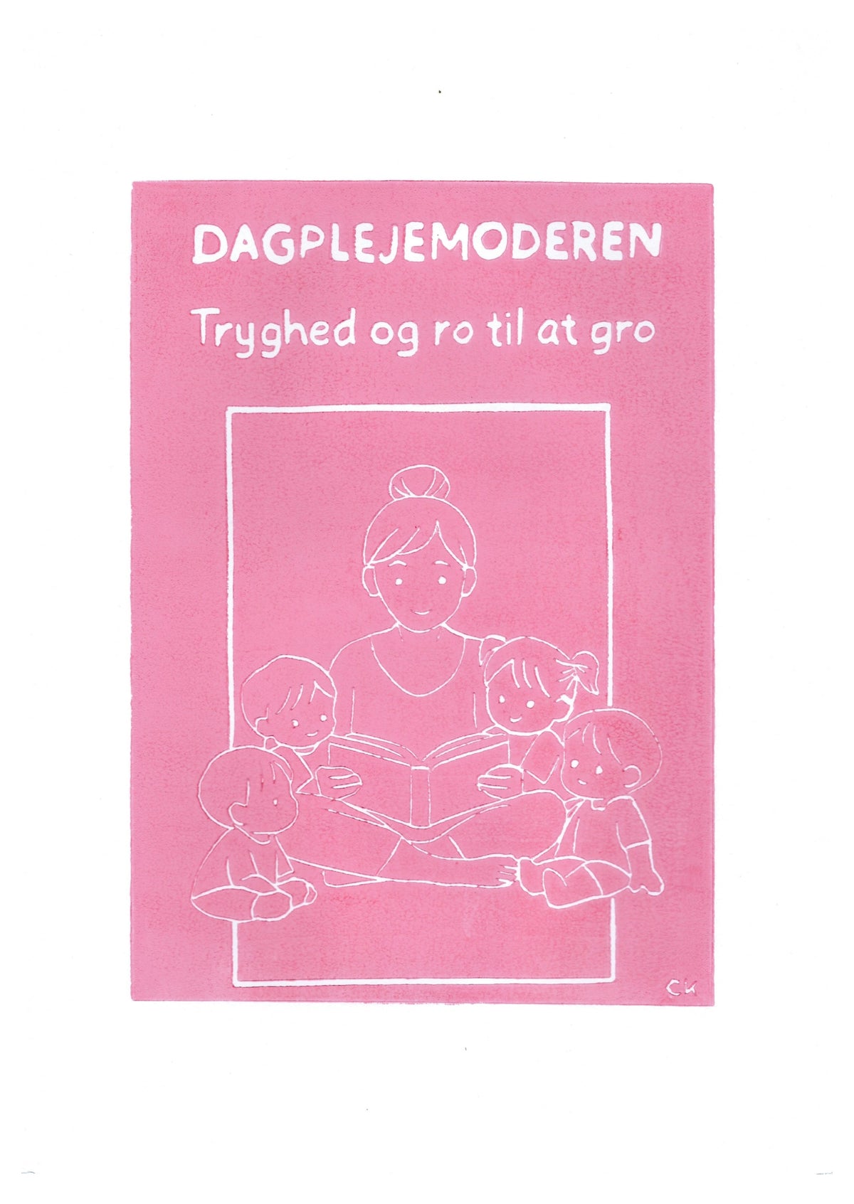 Dagplejemoderen – håndlavet linoleumstryk i A4 fra Celinas Linoleumstryk
