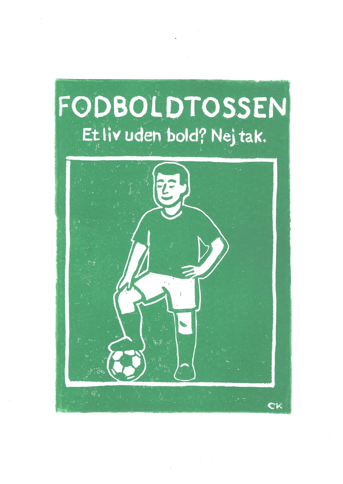 Fodboldtossen – håndlavet linoleumstryk i A4 fra Celinas Linoleumstryk
