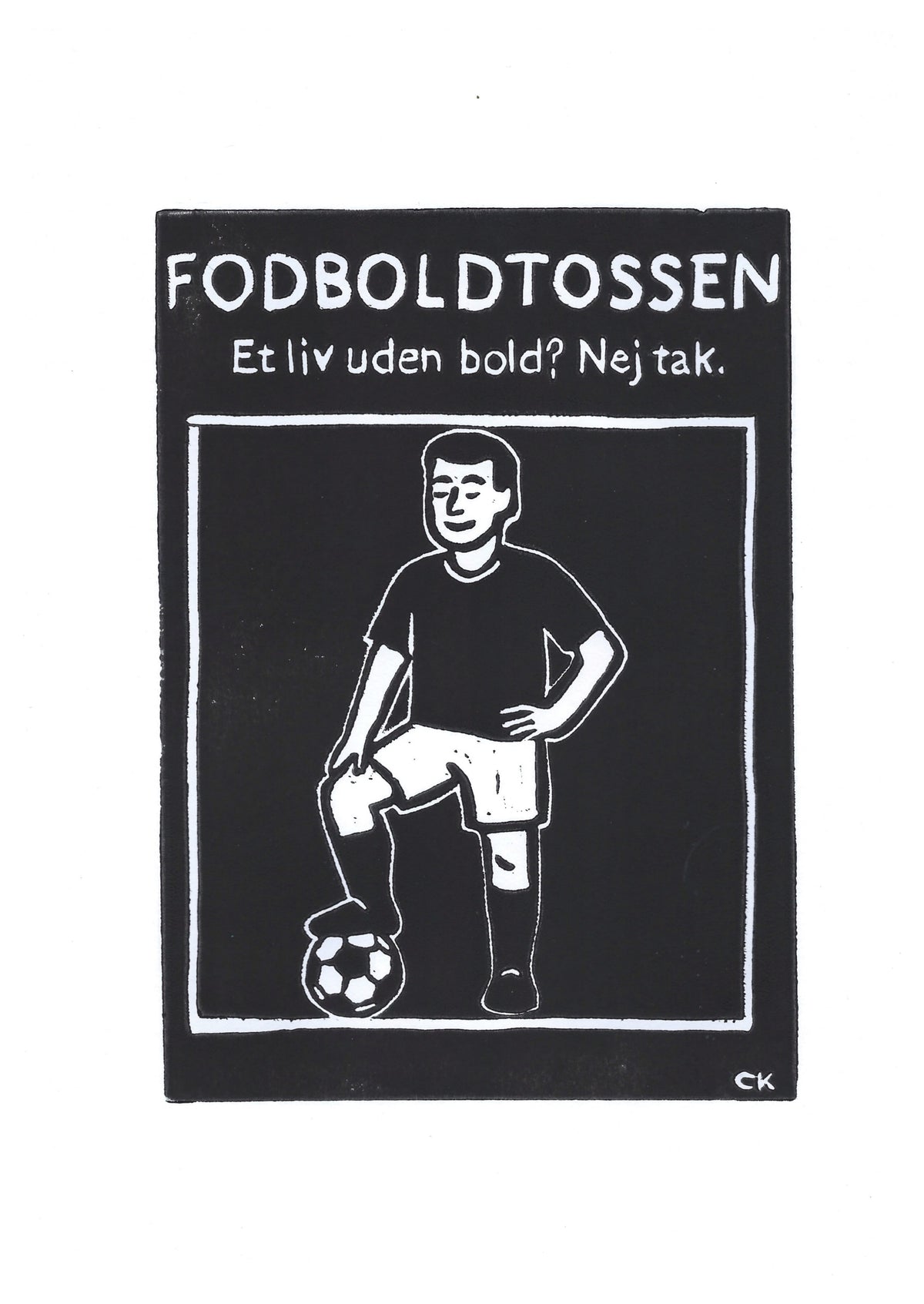 Fodboldtossen – håndlavet linoleumstryk i A4 fra Celinas Linoleumstryk
