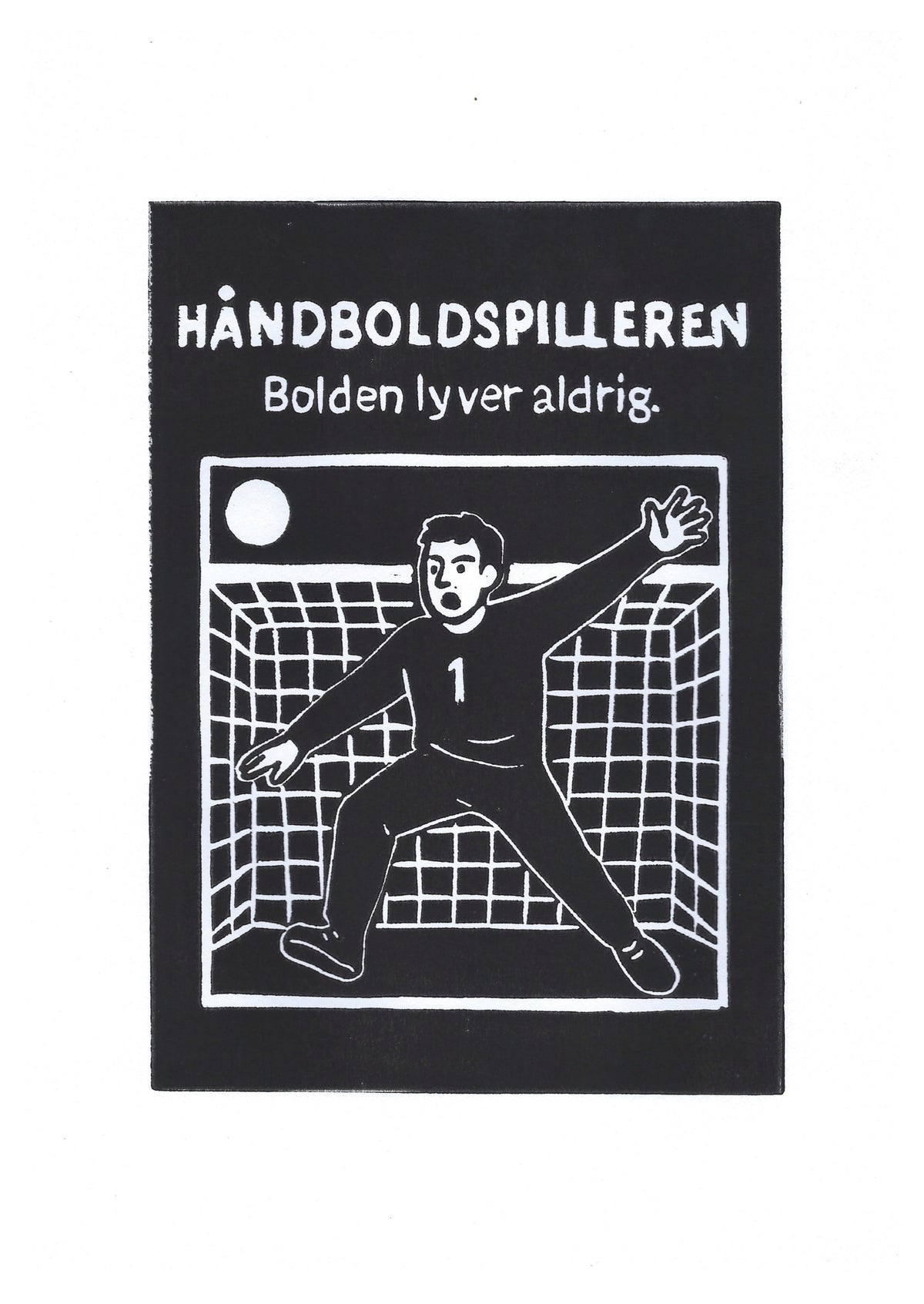 Håndboldspilleren – håndlavet linoleumstryk i A4 fra Celinas Linoleumstryk
