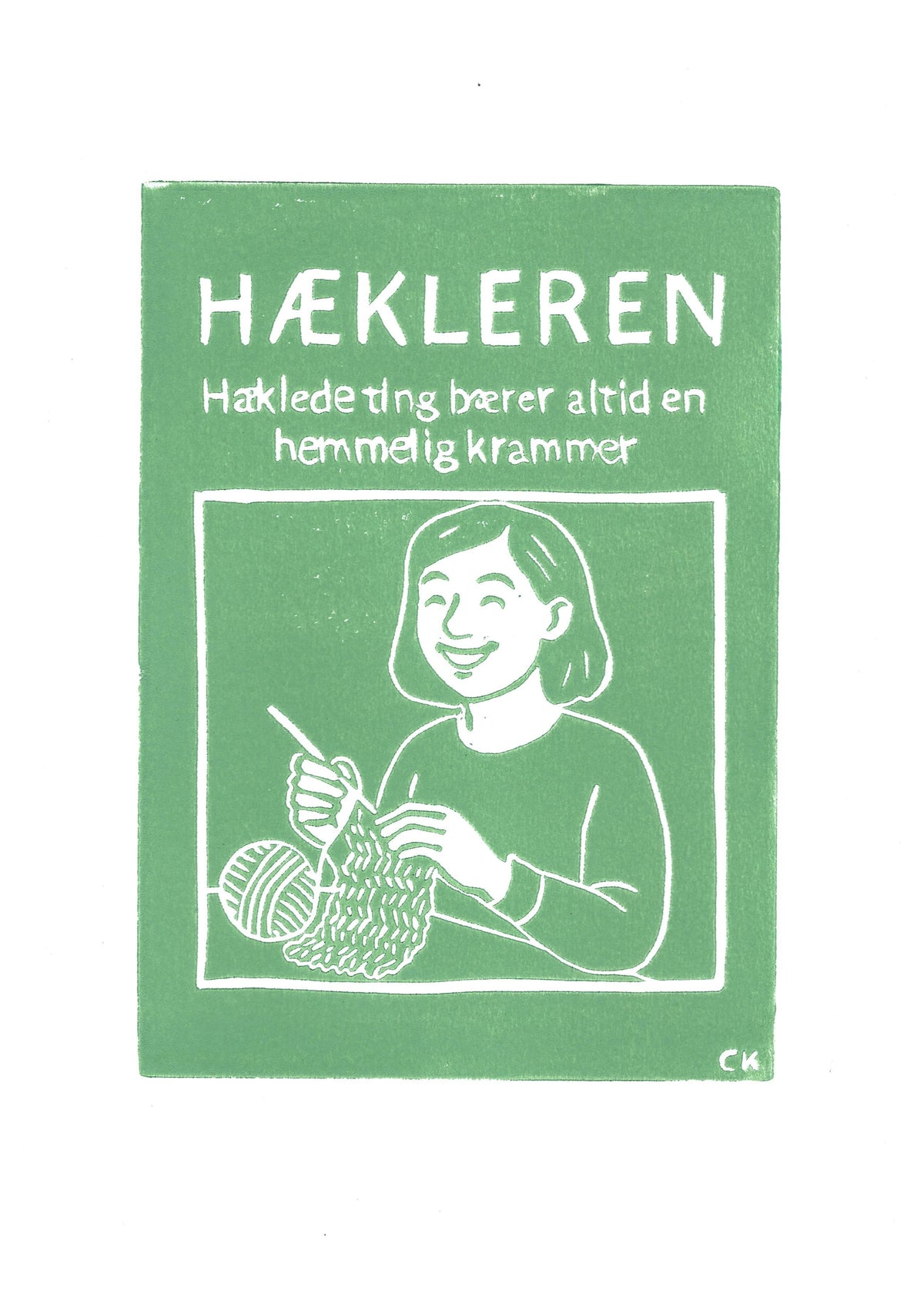 Hækleren – håndlavet linoleumstryk i A4 fra Celinas Linoleumstryk

