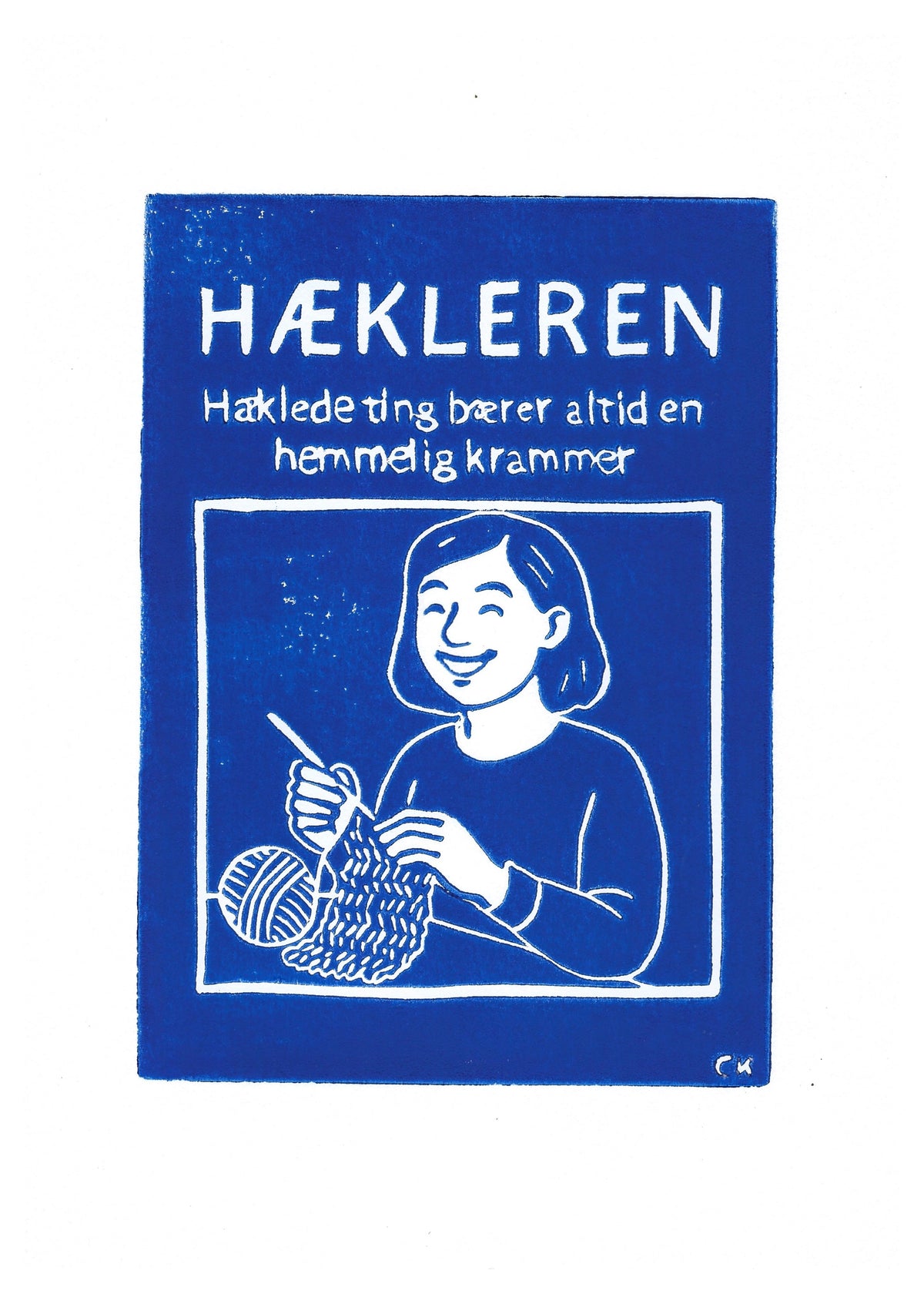 Hækleren – håndlavet linoleumstryk i A4 fra Celinas Linoleumstryk
