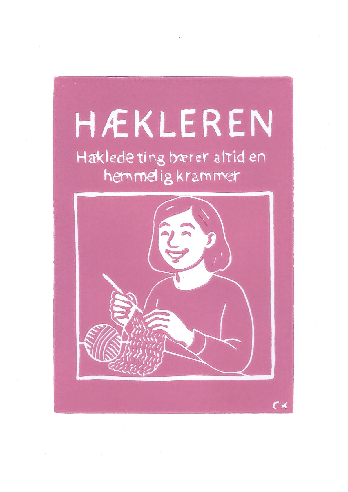 Hækleren – håndlavet linoleumstryk i A4 fra Celinas Linoleumstryk

