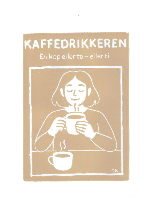 Kaffedrikkeren – håndlavet linoleumstryk i A4 fra Celinas Linoleumstryk
