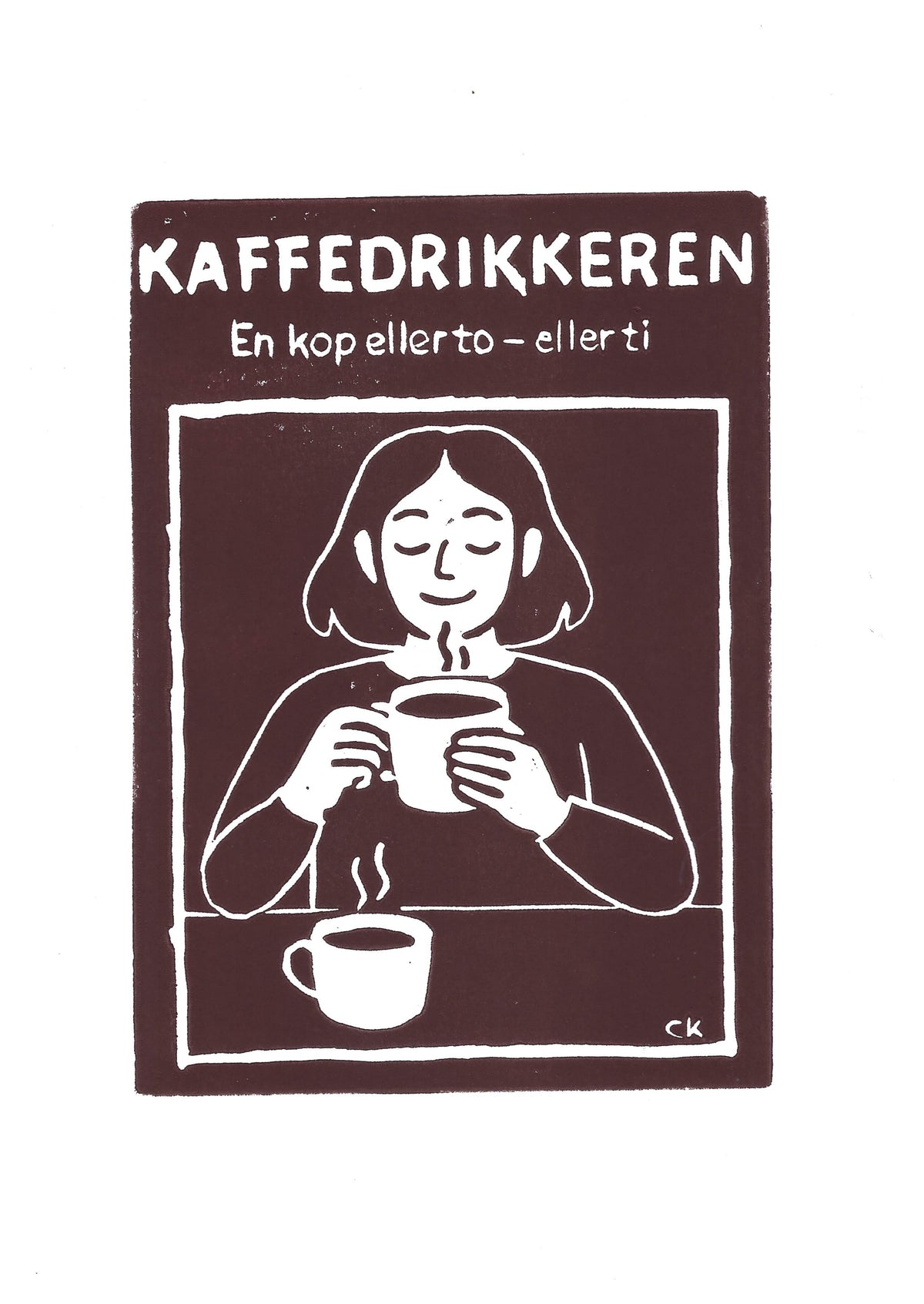 Kaffedrikkeren – håndlavet linoleumstryk i A4 fra Celinas Linoleumstryk
