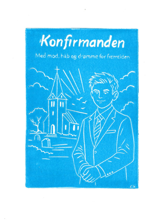 Konfirmanden - Dreng – håndlavet linoleumstryk i A4 fra Celinas Linoleumstryk
