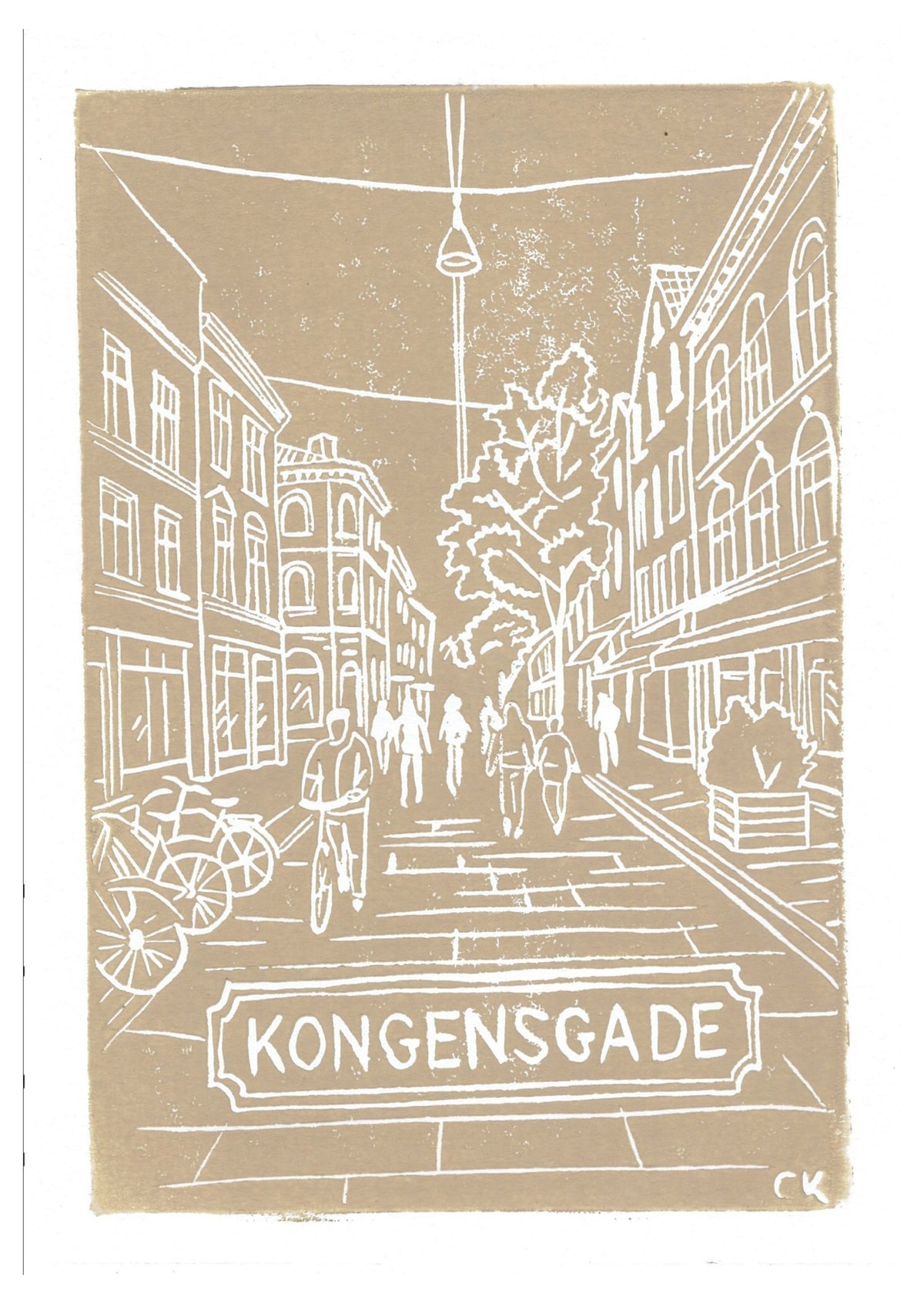 Kongensgade – håndlavet linoleumstryk i A5 fra Celinas Linoleumstryk

