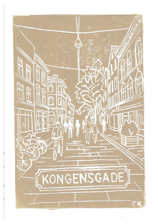 Kongensgade – håndlavet linoleumstryk i A5 fra Celinas Linoleumstryk
