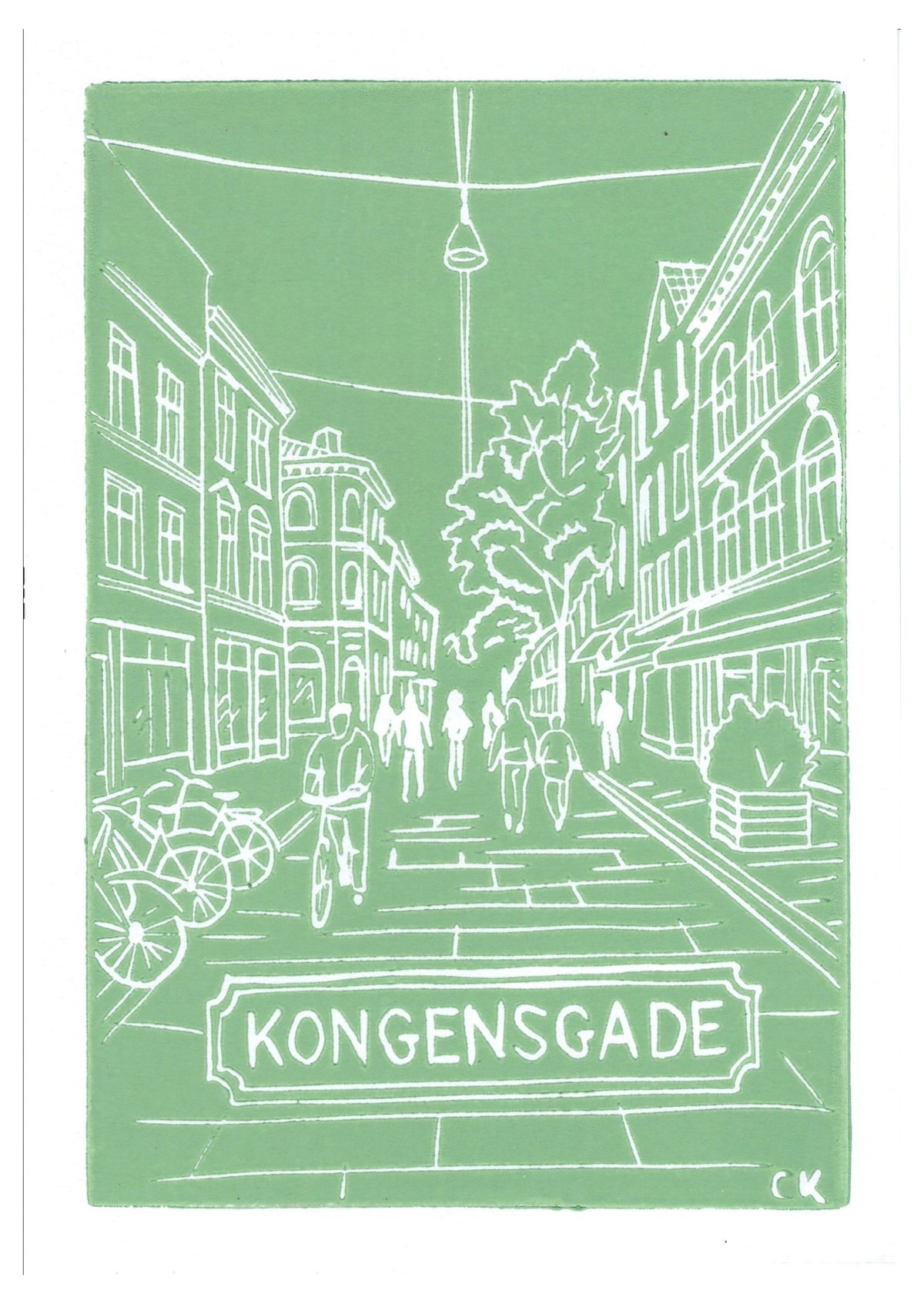 Kongensgade – håndlavet linoleumstryk i A5 fra Celinas Linoleumstryk
