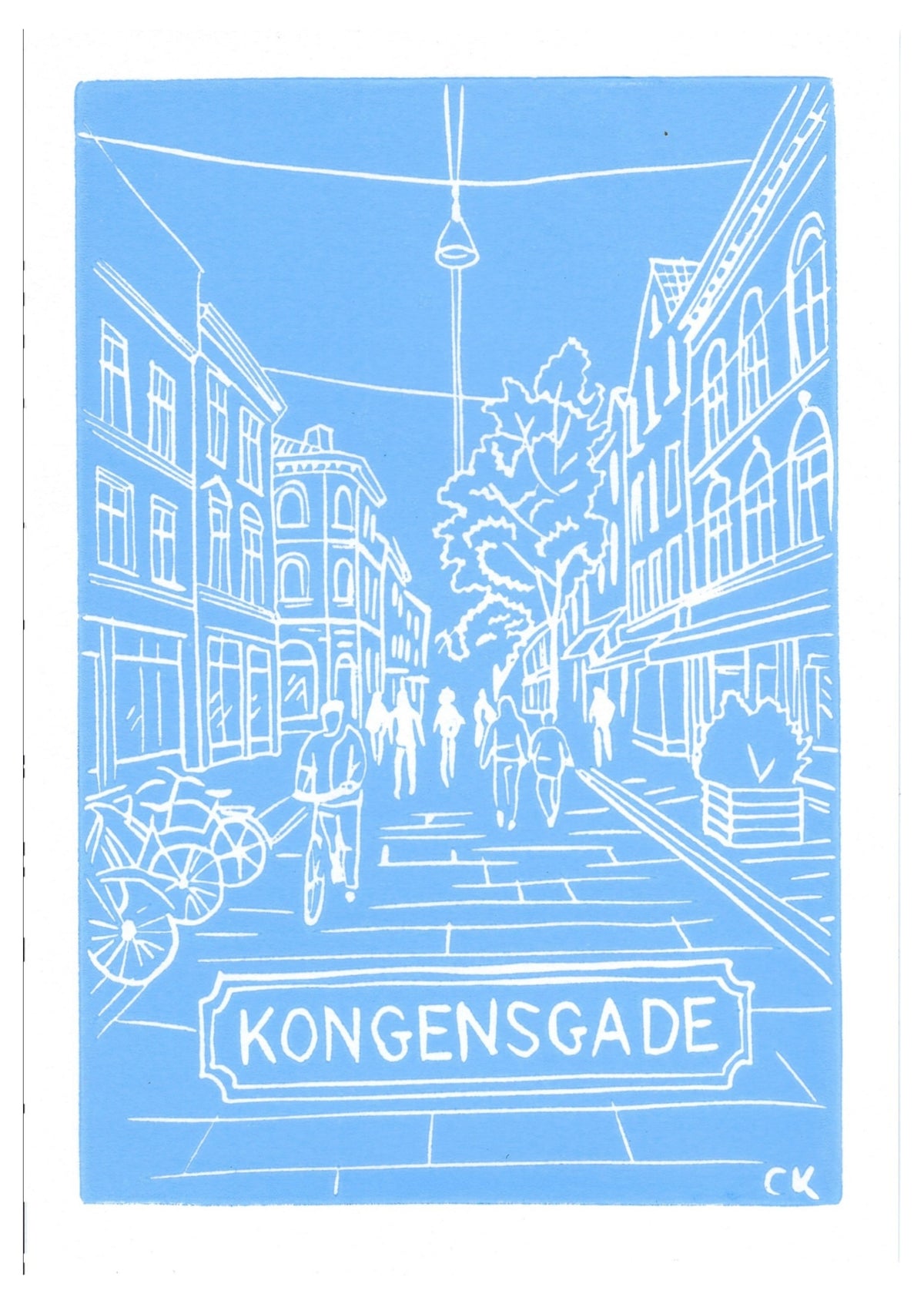 Kongensgade – håndlavet linoleumstryk i A5 fra Celinas Linoleumstryk
