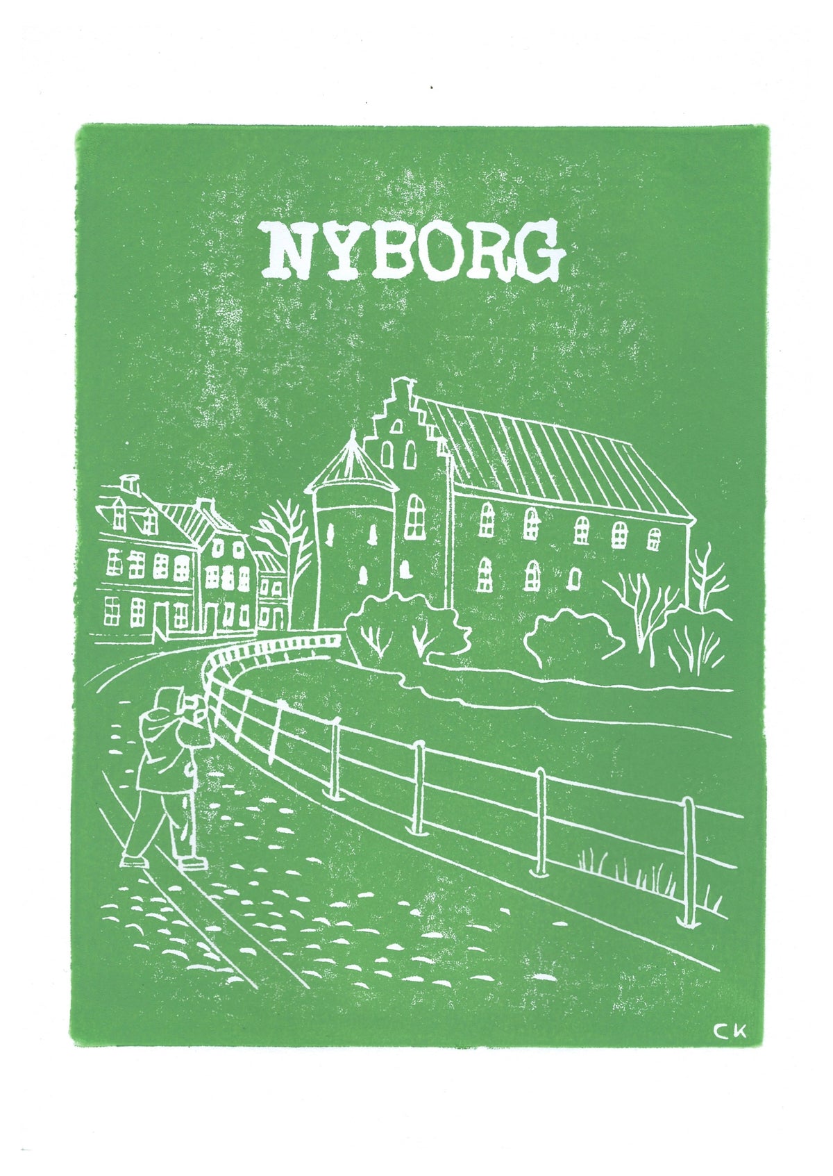 Nyborg Slot – håndlavet linoleumstryk i A4 fra Celinas Linoleumstryk
