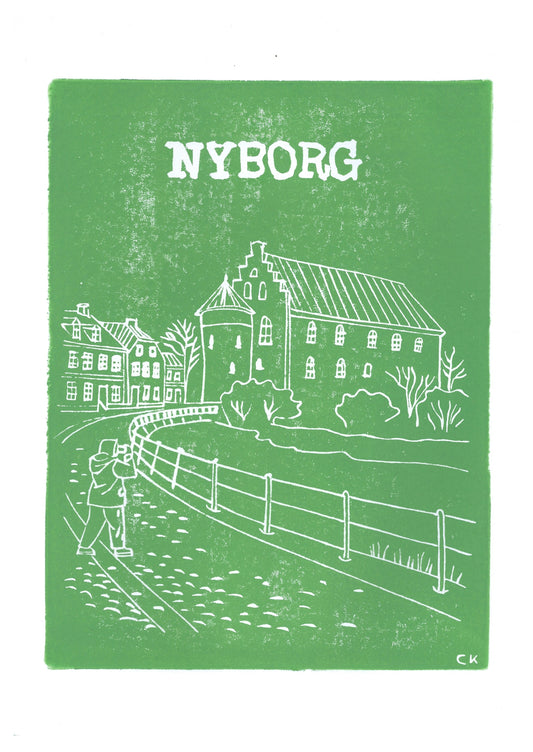 Nyborg Slot – håndlavet linoleumstryk i A4 fra Celinas Linoleumstryk
