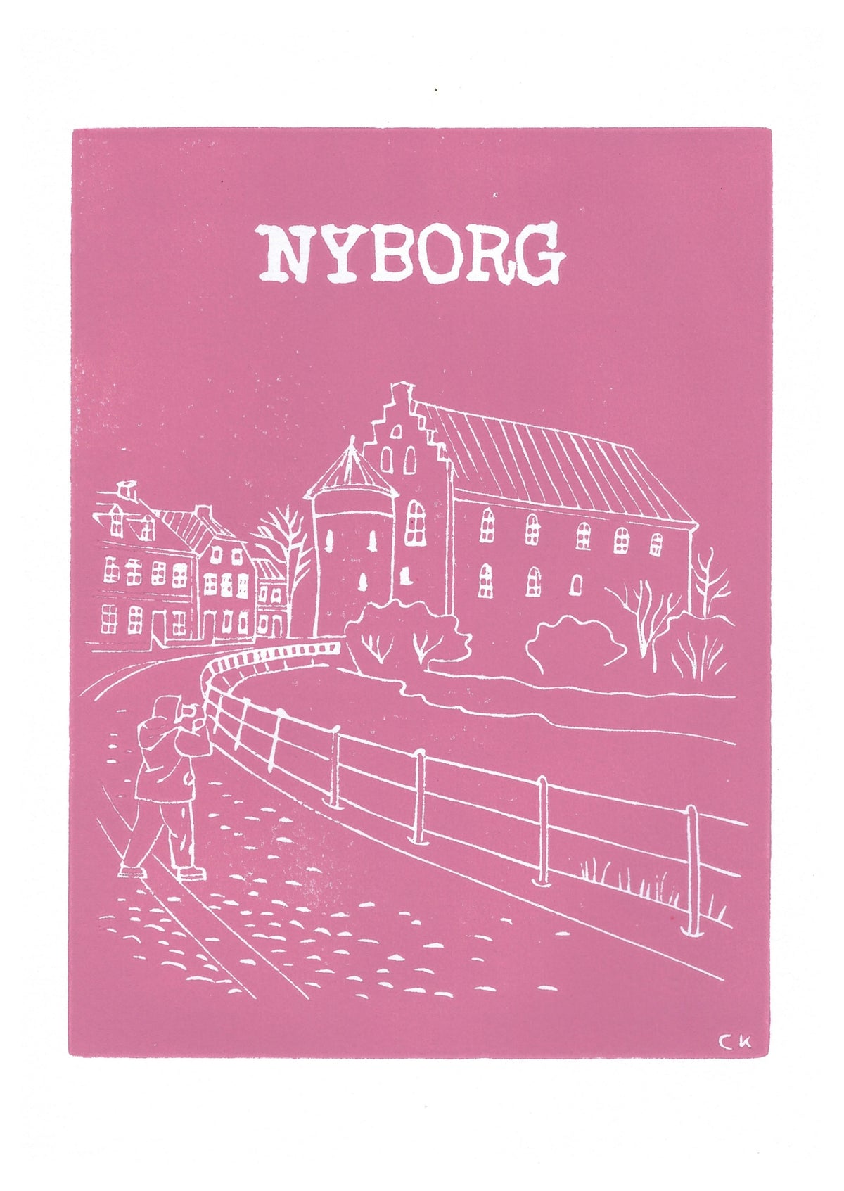 Nyborg Slot – håndlavet linoleumstryk i A4 fra Celinas Linoleumstryk
