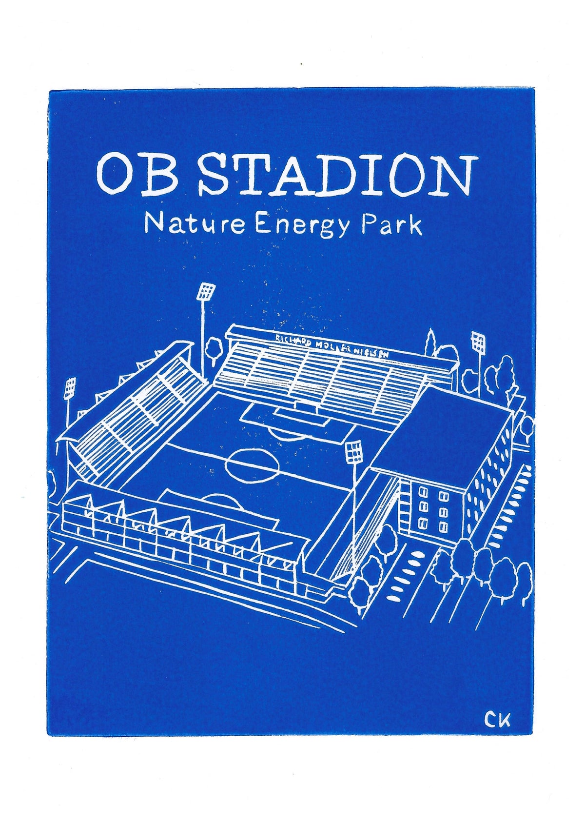 Linoleumstryk af OB Stadion i Odense i A4, håndtrykt af Celinas Linoleumstryk
