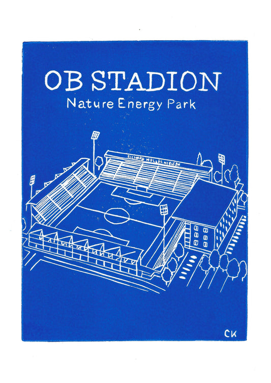 OB Stadion som håndlavet linoleumstryk i – håndlavet linoleumstryk i A4 fra Celinas Linoleumstryk

