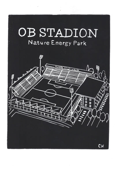 OB Stadion som håndlavet linoleumstryk i A4