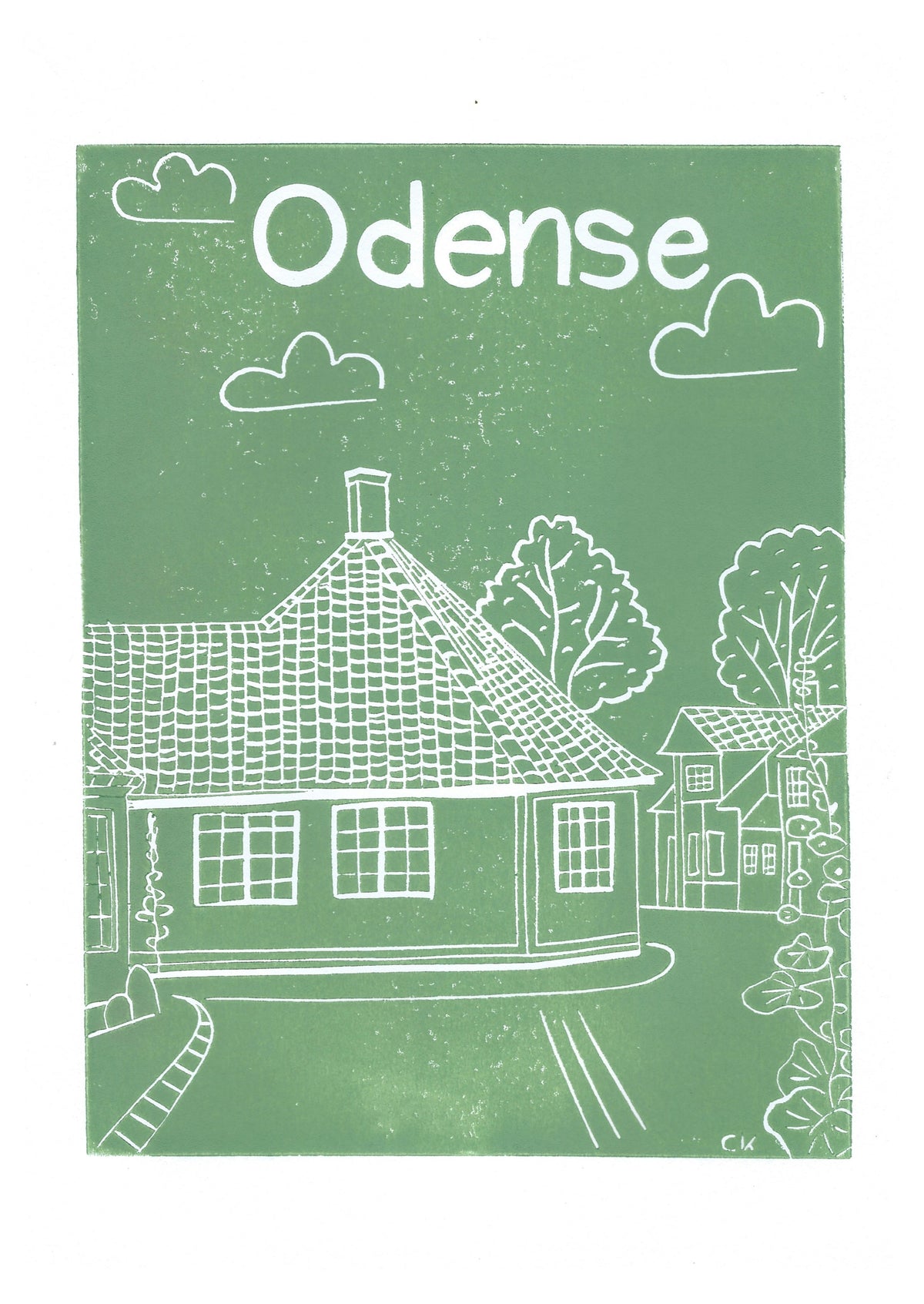 Odense H.C. Andersens Hus – håndlavet linoleumstryk i A4 fra Celinas Linoleumstryk
