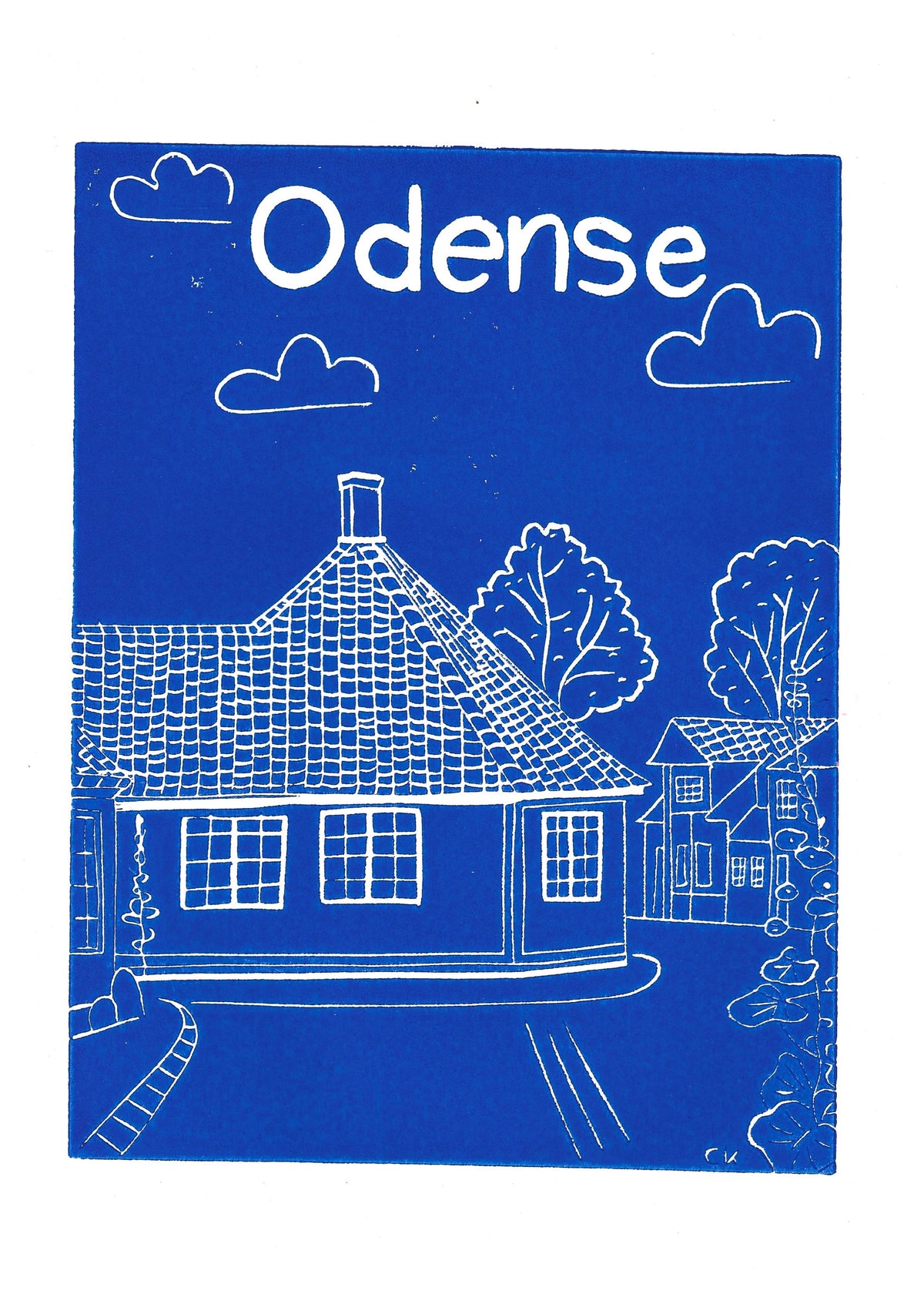 Odense H.C. Andersens Hus – håndlavet linoleumstryk i A4 fra Celinas Linoleumstryk
