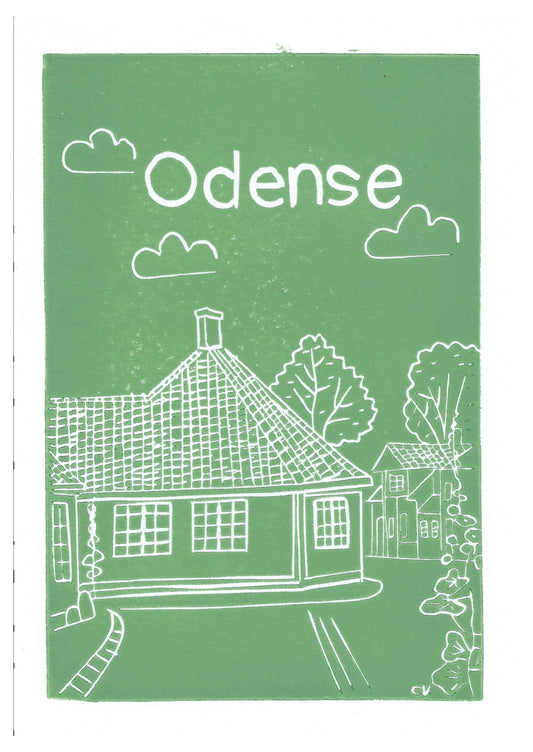 Odense H.C. Andersens Hus – håndlavet linoleumstryk i A5 fra Celinas Linoleumstryk
