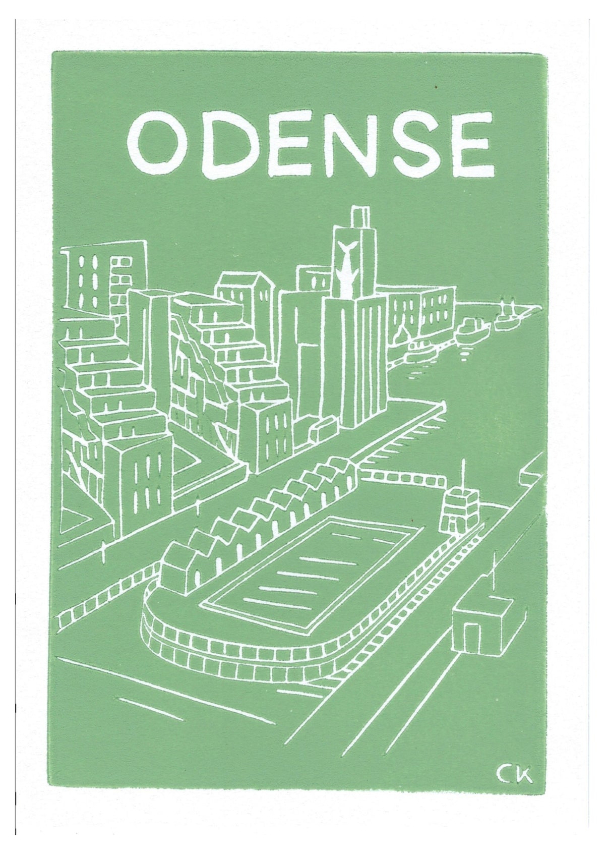 Odense Havnebad – håndlavet linoleumstryk i A5 fra Celinas Linoleumstryk
