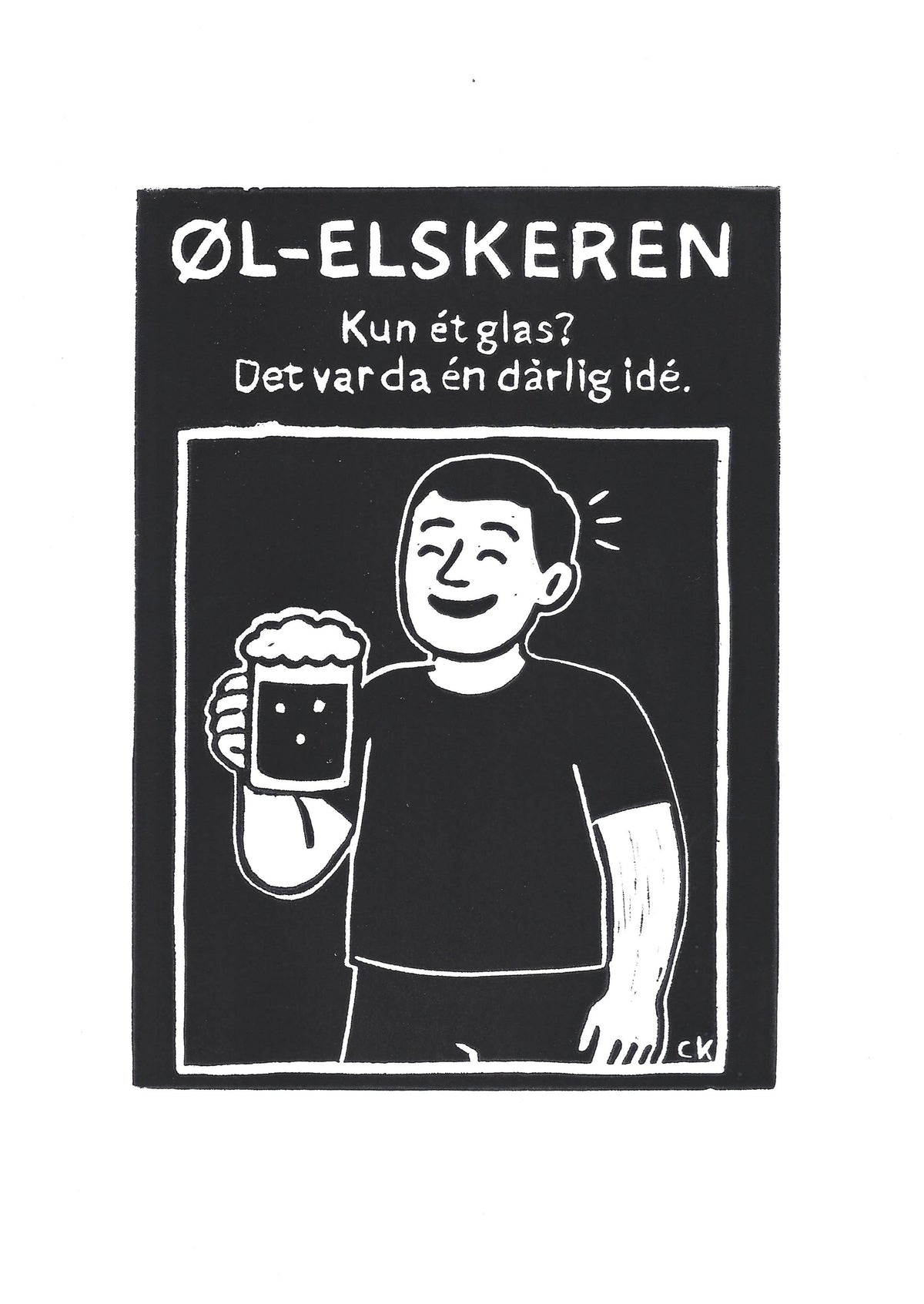 Øl-Elskeren – håndlavet linoleumstryk i A4 fra Celinas Linoleumstryk
