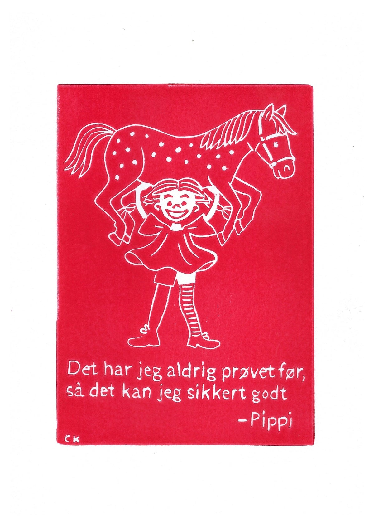 Pippi – håndlavet linoleumstryk i A4 fra Celinas Linoleumstryk
