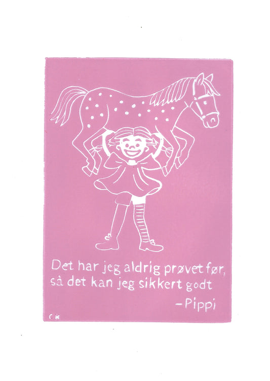 Pippi – håndlavet linoleumstryk i A4 fra Celinas Linoleumstryk
