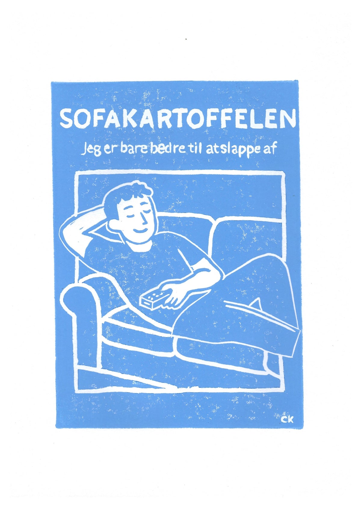 Sofakartoflen – håndlavet linoleumstryk i A4 fra Celinas Linoleumstryk
