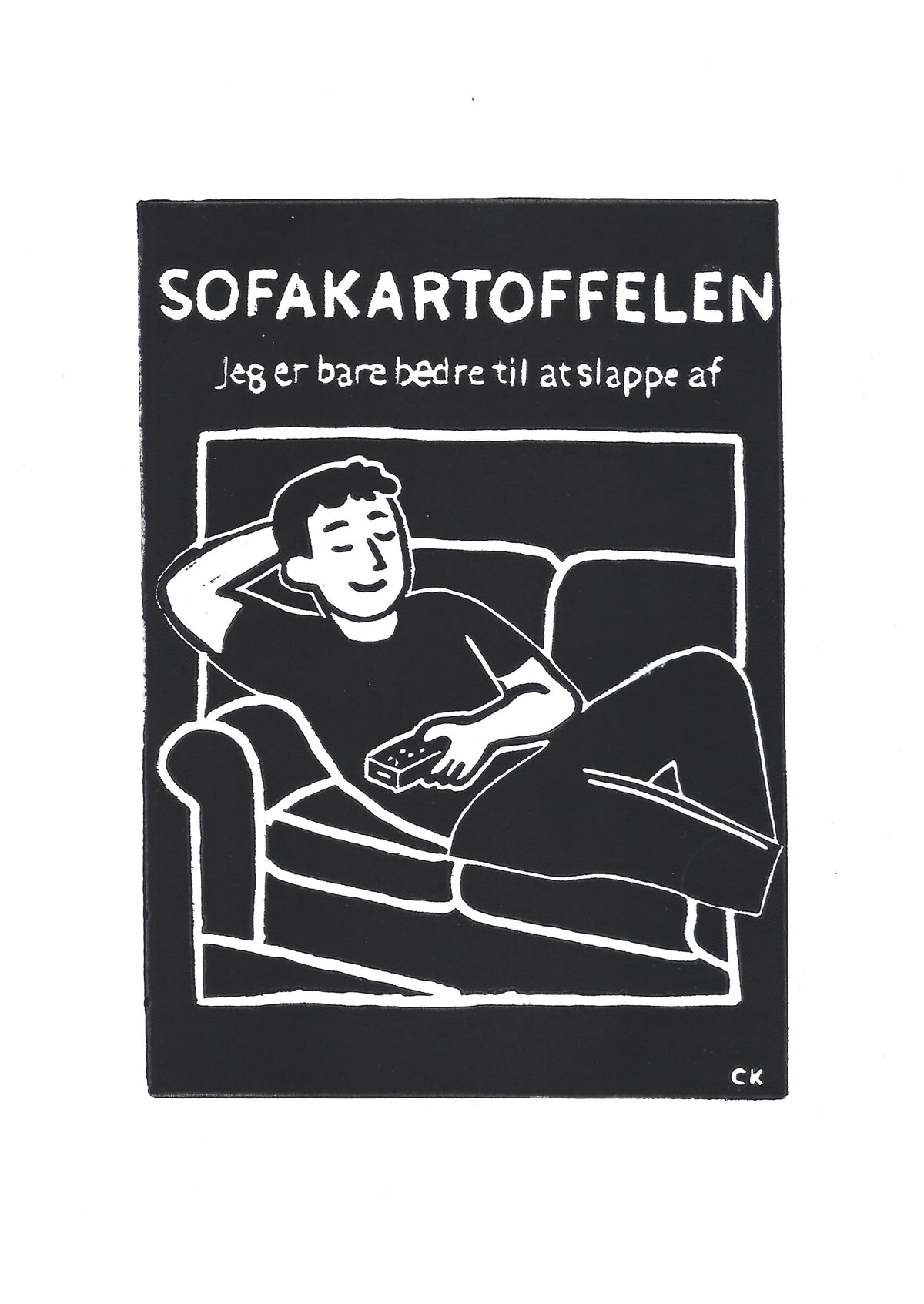 Sofakartoflen – håndlavet linoleumstryk i A4 fra Celinas Linoleumstryk
