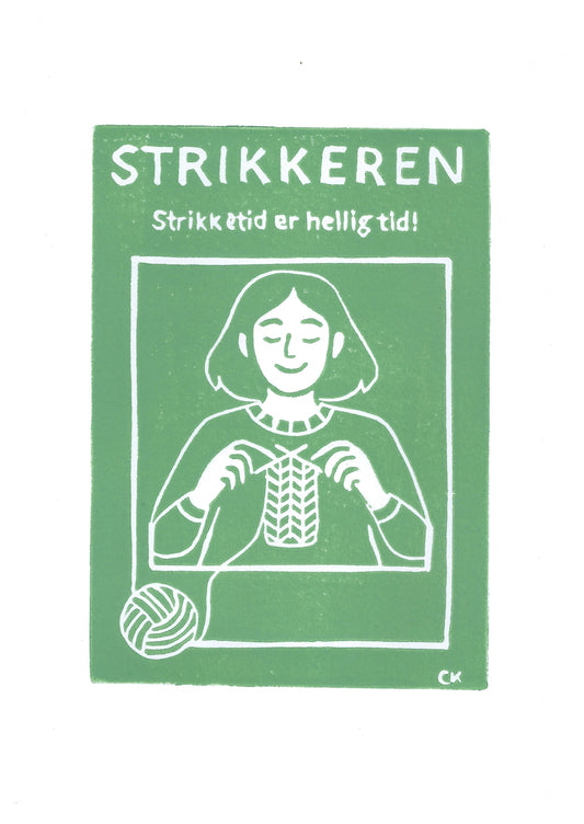 Strikkeren – håndlavet linoleumstryk i A4 fra Celinas Linoleumstryk
