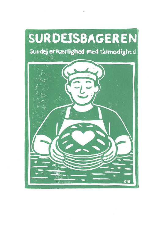 Surdejsbageren – håndlavet linoleumstryk i A4 fra Celinas Linoleumstryk

