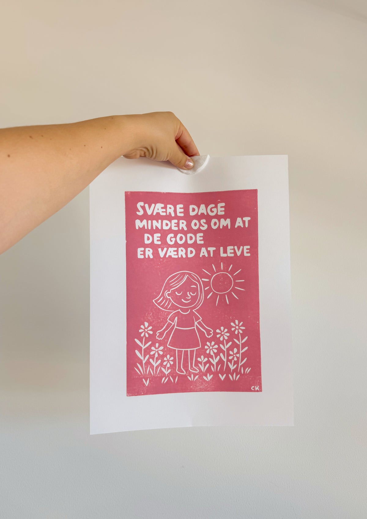 Svære dage - Gode dage – håndlavet linoleumstryk i A3 fra Celinas Linoleumstryk
