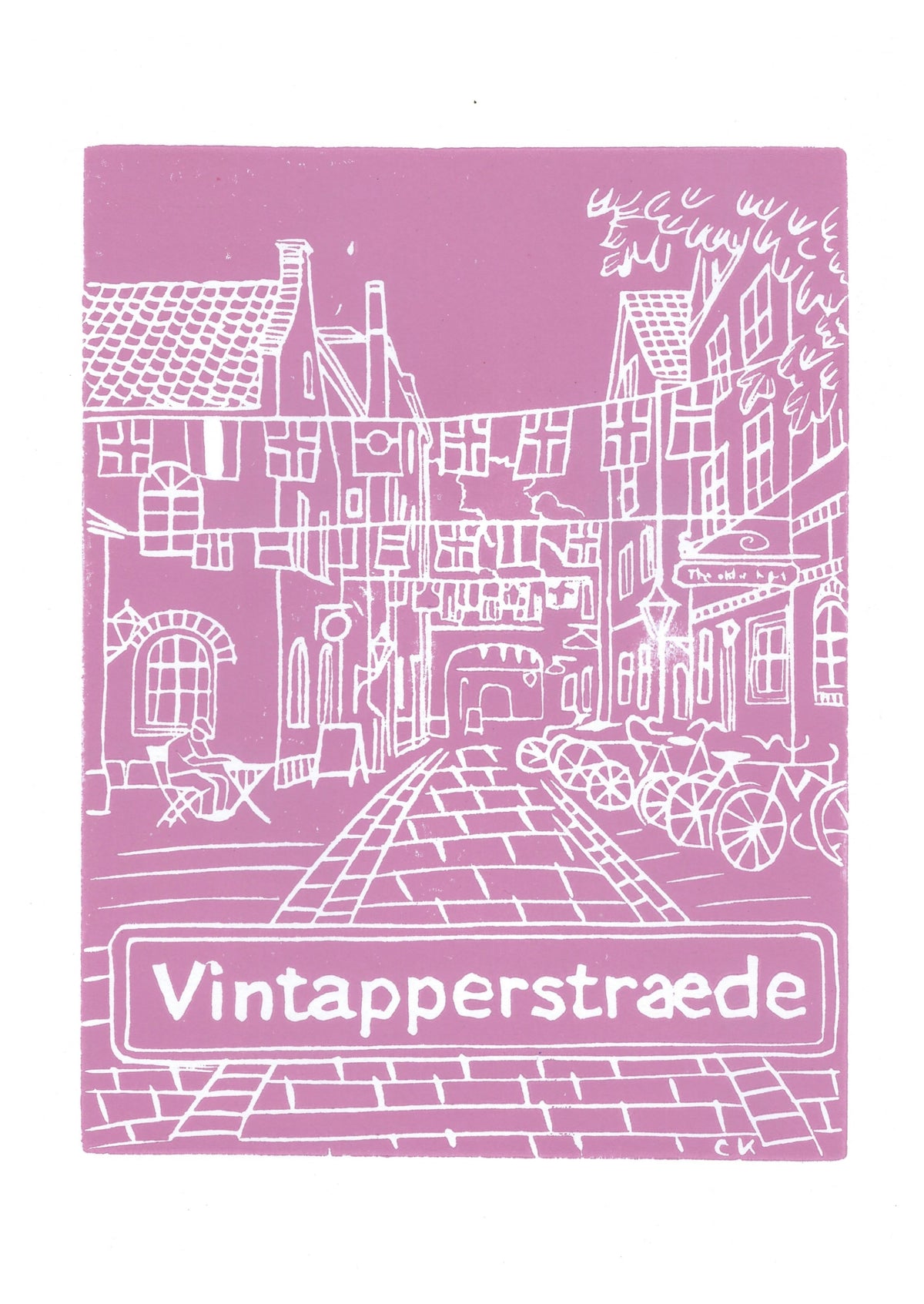 Vintapperstræde – håndlavet linoleumstryk i A4 fra Celinas Linoleumstryk
