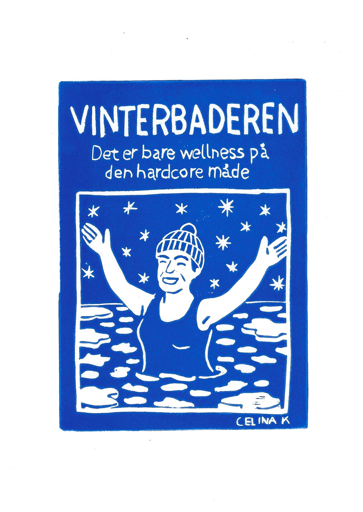 Vinterbaderen – håndlavet linoleumstryk i A4 fra Celinas Linoleumstryk
